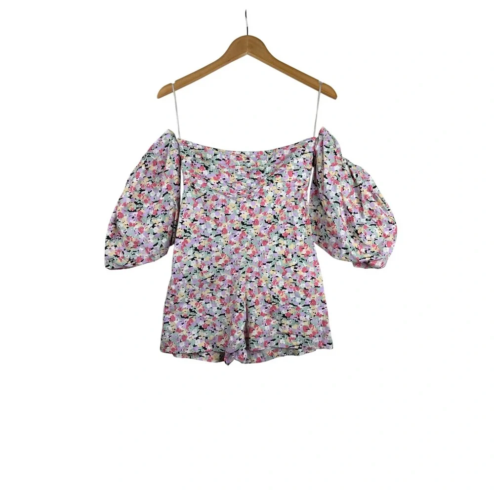 New Nasty Gal Floral Print Off the Shoulder Puff Sleeve Romper size 4 Multicolor - Picture 5 of 8